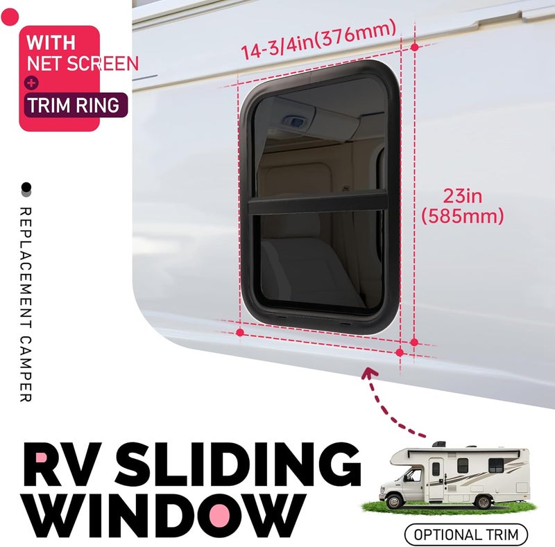 WUTIST RV Window 14" W x 22" H w/Trim Ring & Mesh Screen Vertical Slide Camper Teardrop Side Replacement Window Tented Tempered Glass Aluminium Plastic - Image 2